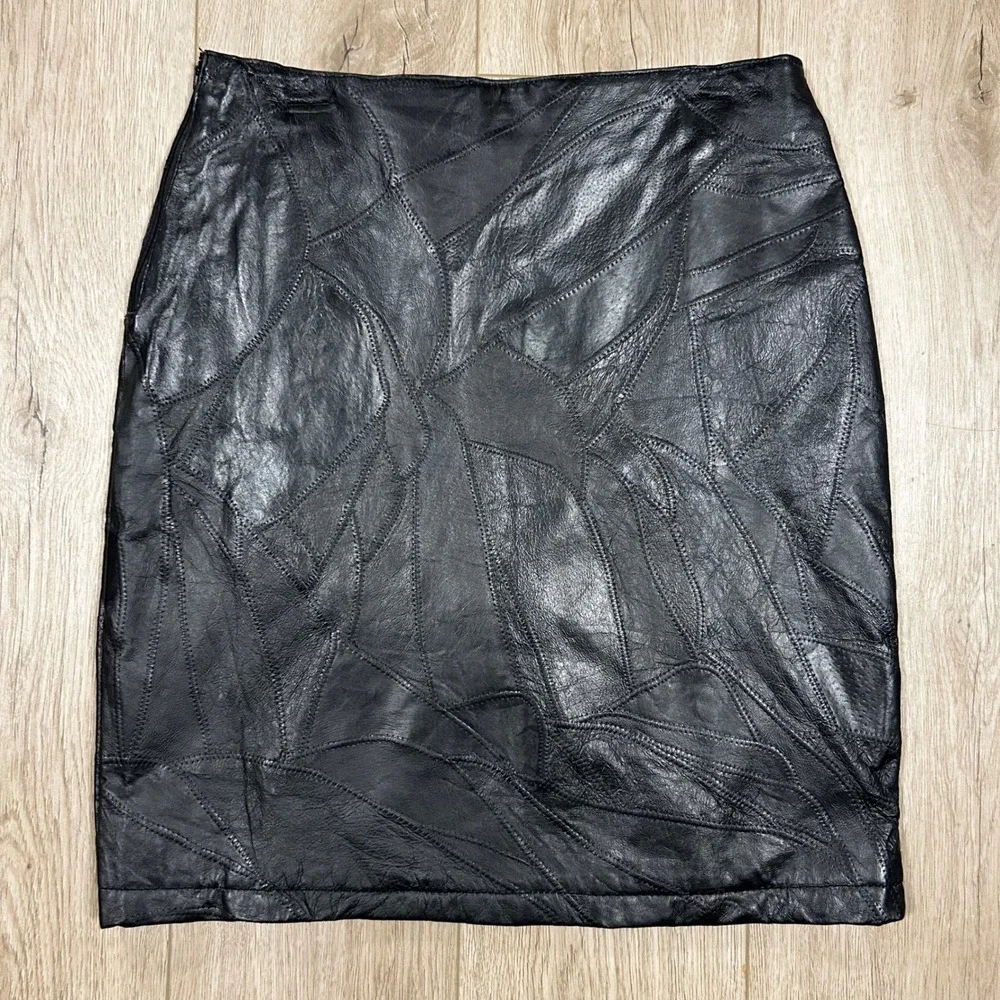 Leather Soul Black Patchwork Genuine Leather Mini Skirt High Waisted Vintage